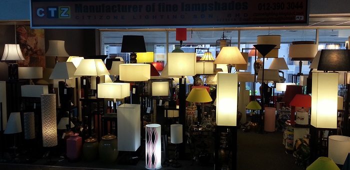 The Citizone Lampshades showroom front, lit up with lamps on display